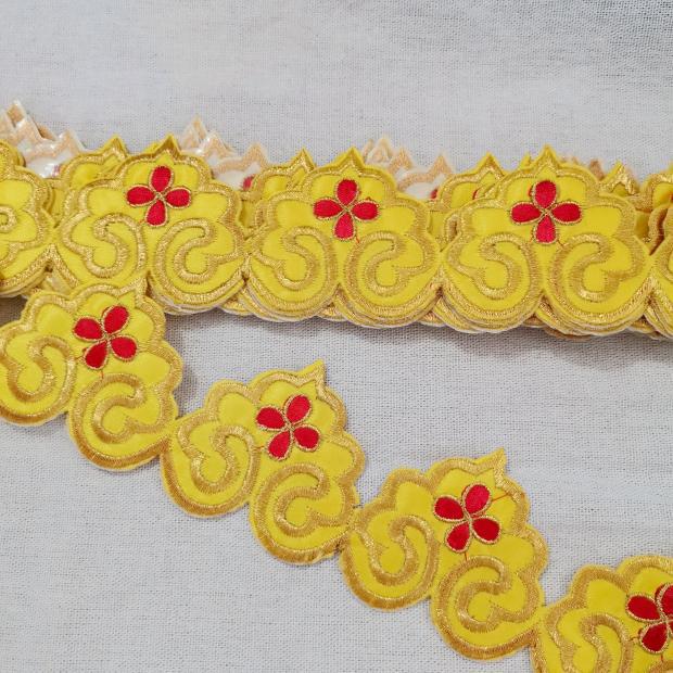 Longevity Peach Gold Embroidered Iron-on Applique with Self-Adhesive Long Strip for Skirt Hem or Stage Waistband.