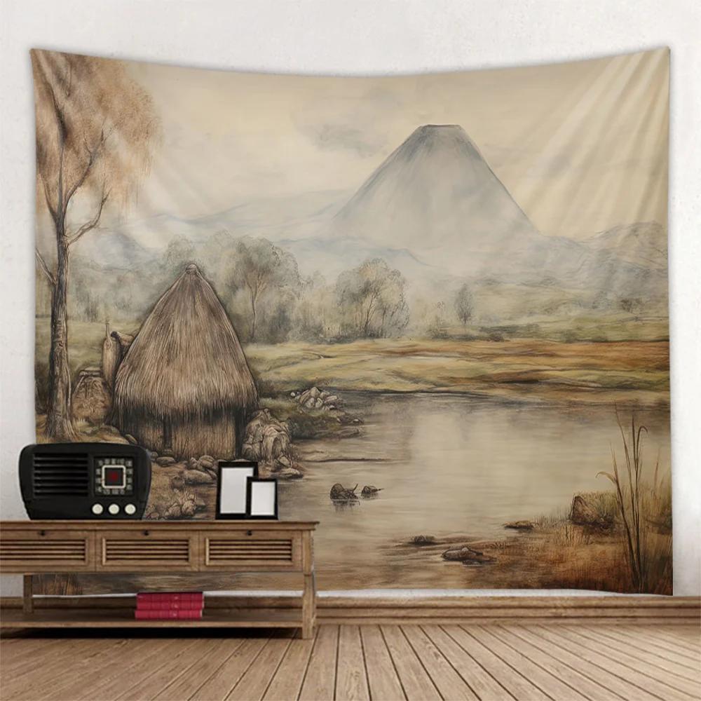 Colorful Mountain & Lake Rural Landscape Oil Painting Tapestry Retro House Art Decor Home Wall Hanging Canvas