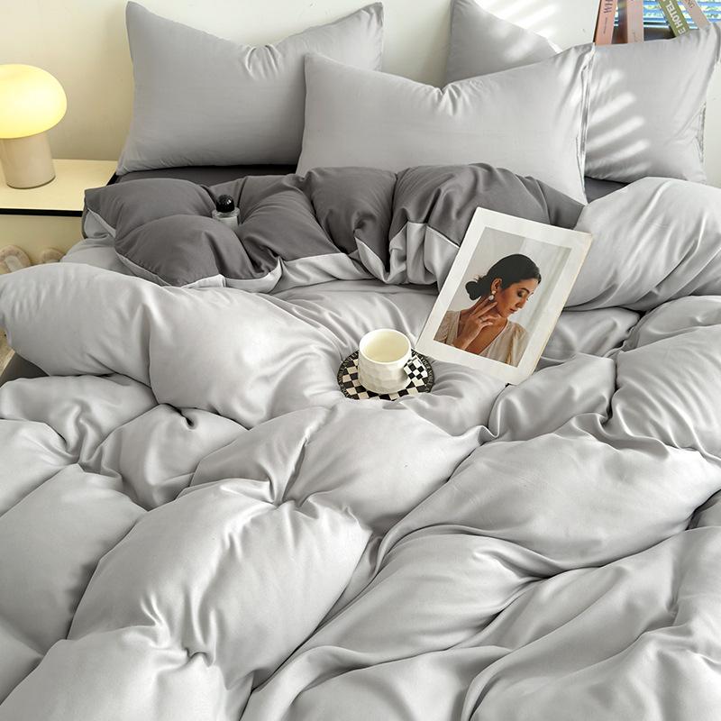 Conjunto de Roupa de Cama Simples de Algodão Lavado Duplamente Torcido - Lençol de Elástico e Capa de Cor Lisa