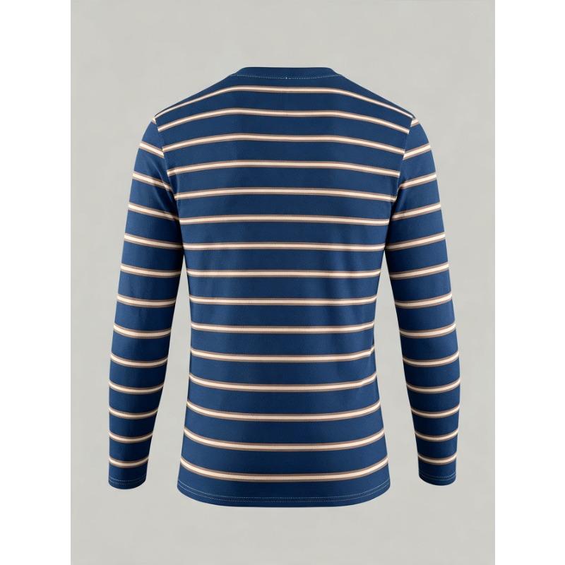 Men's casual round neck long sleeve T-shirt with khaki and white horizontal stripes, soft and breathable sports fit autumn street top