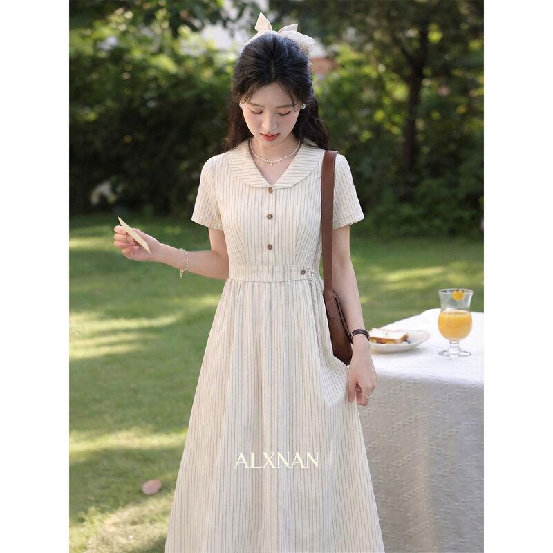 Women s French Romantic Apricot Stripe Shirt Dress M