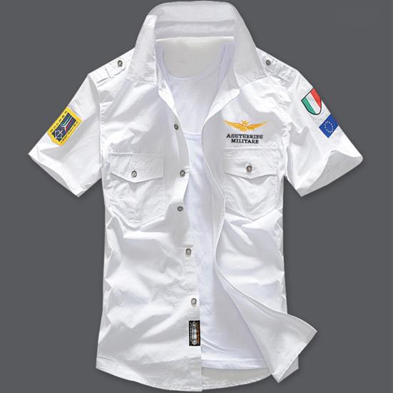 Military Men Letter Embroidery Patch Pocket Slim Button Down Short Sleeve Shirt