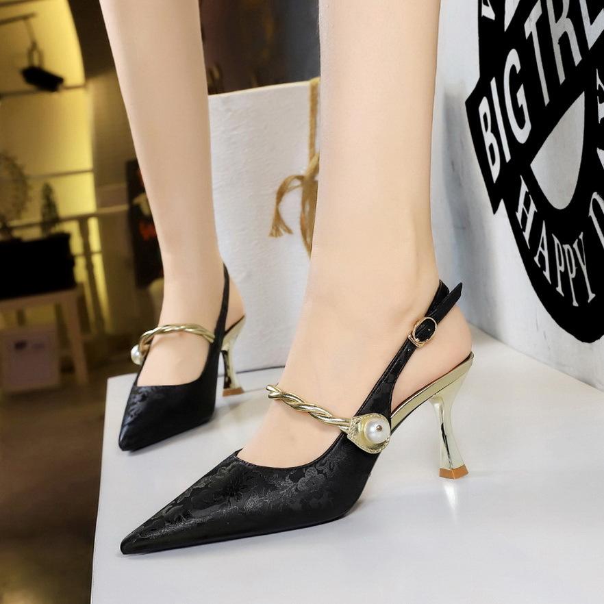 fashion 2024 New Metallic High Heel Pointed Toe Cutout Ankle Strap One-Strap Pearl Backless Pumps