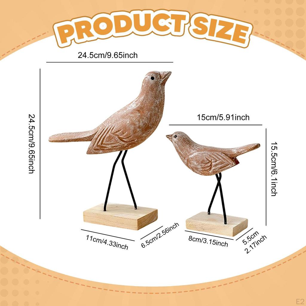 2Pcs Wooden Birds Figurines Animal Sculpture Rustic Lifelike Bird Statue Figurine for Cabinet