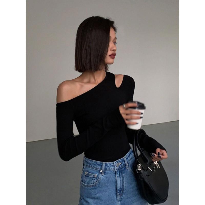 Womens Black Long Sleeve Slim Fit Off Shoulder Top Milk Silk Base Layer T-Shirt Elegant Casual Wear