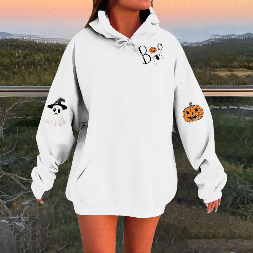 Women's Solid Color Long Sleeve Casual Halloween Print Pullover Hooded Sweatshirt