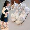 Girls Sandals Back Mesh Lace Bow Kids Princess Shoes Pleated Ins Trendy 2025 Summer New Girls Beach Shoes Soft Sole Non-slip
