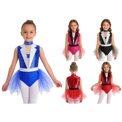 Kids Girls Figure Skating Dress Sequins Ballet Dance Gymnastics Leotard Tutu Skirt Latin Jazz Ballroom Dance Performance Costume