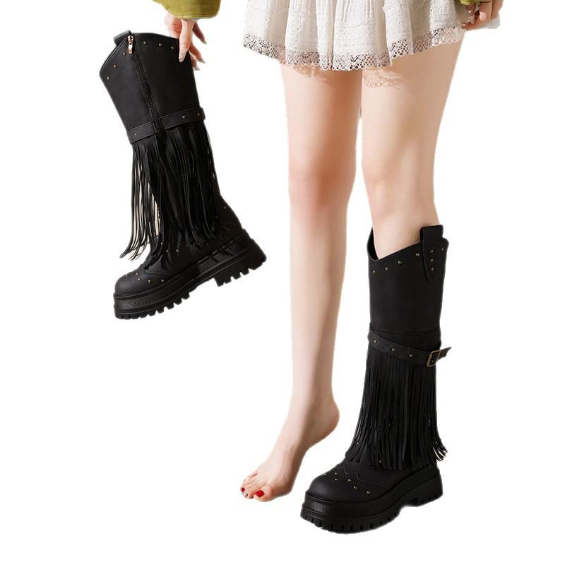 Europäischer und amerikanischer Retro-Wind Fransenstiefel 2025 Herbst und Winter neu Nieten Gürtelschnalle Außenhandel hohe Stiefel Übergröße Ritterstiefel Damen