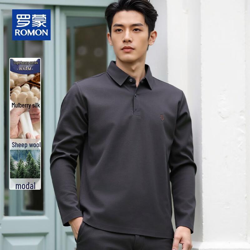 ROMON Men s Luxury Silk Wool Blend Embroidered Long-Sleeve Polo Shirt 48/M