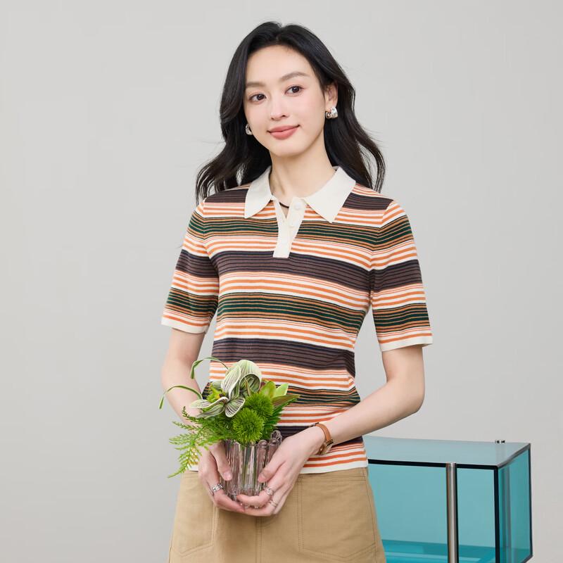 ESE-Y Women s Pure Cotton Striped Short-Sleeve Polo Knit Top L