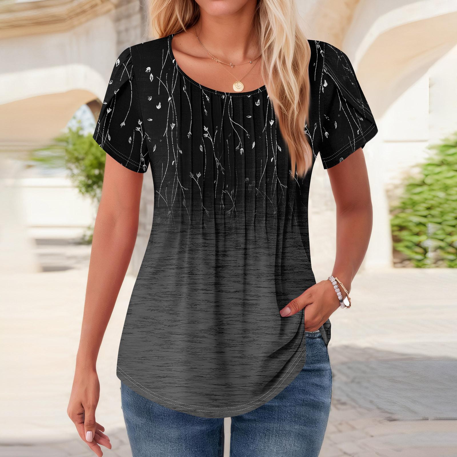 

Женские топы с коротким рукавом и круглым вырезом, летние рубашки с цветочным принтом, блузки для женщин, нарядные повседневные L чёрный