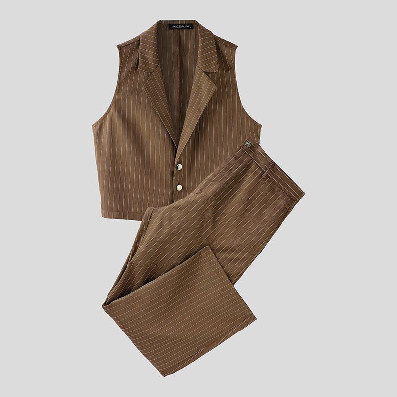 INCERUN Ensembles Deux Pièces Homme Gilet Rayé Sans Manches Court et Pantalon Long Droit