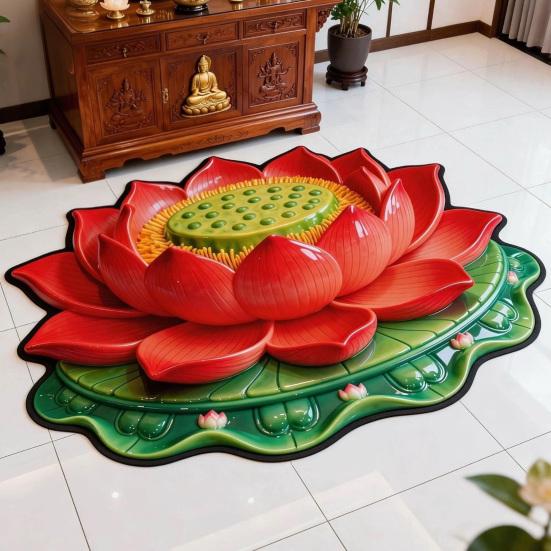 3D Lotos Fußmatte Realistische Blume Wohnzimmerteppich Waschbar Rutschfeste Teppich für Zuhause Meditationsraum Schlafzimmer Dekoration