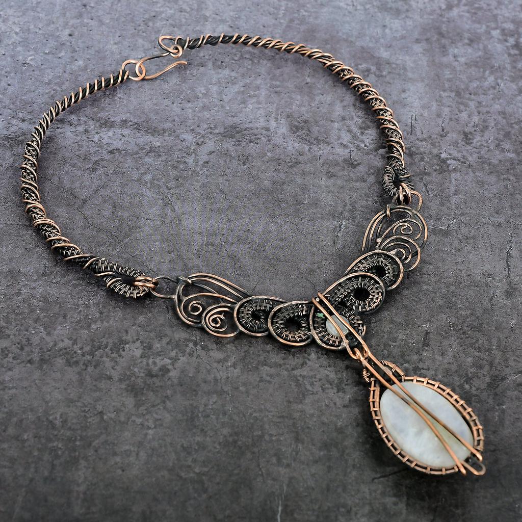 Natural Moonstone Gemstone Handmade Copper Wire Wrap Jewelry Necklace 18" J7e35