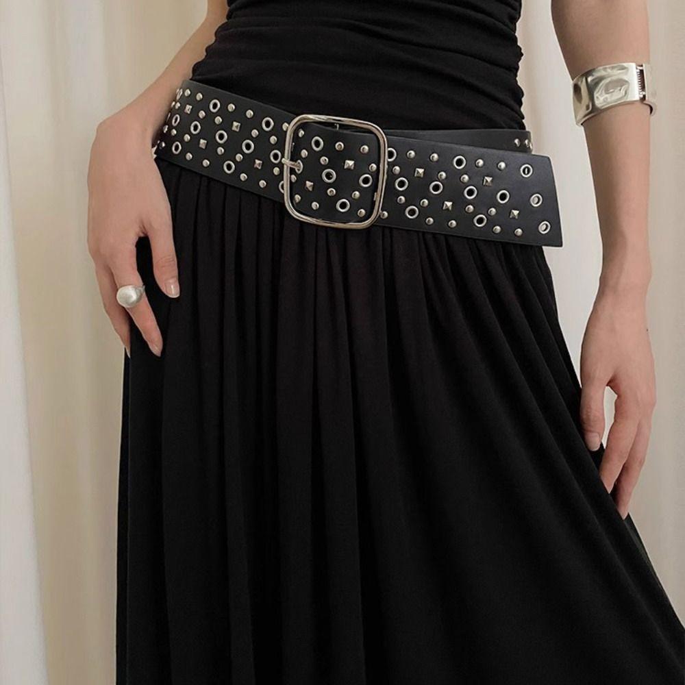 Harajuku Wide Waistband Rivet PU Leather Belt Retro Cowgirl Belt  Dress