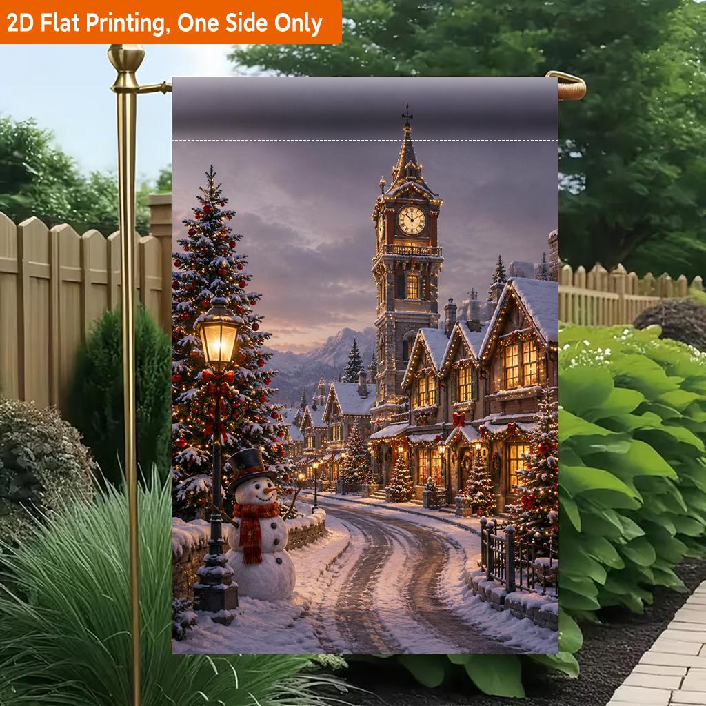 2D Flat, 2D Flat Printing Garden Flag 1pc, Christmas Town Lights Snowy Scene Durable Single-Sided Print Yard Flag, Garden & Home Holiday Decoration, 2