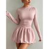 2026 Womens Slim Fit Long Sleeve Midi Dress With Elastic Puff Skirt Round Neck Stretch Milk Silk Fabric