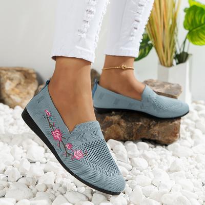 Bestickte Blumen Ballerinas für Damen Slip-On Atmungsaktive Gestrickte Rutschfeste Sneakers Frau Bequeme Weiche Sohle Freizeitschuhe Damen