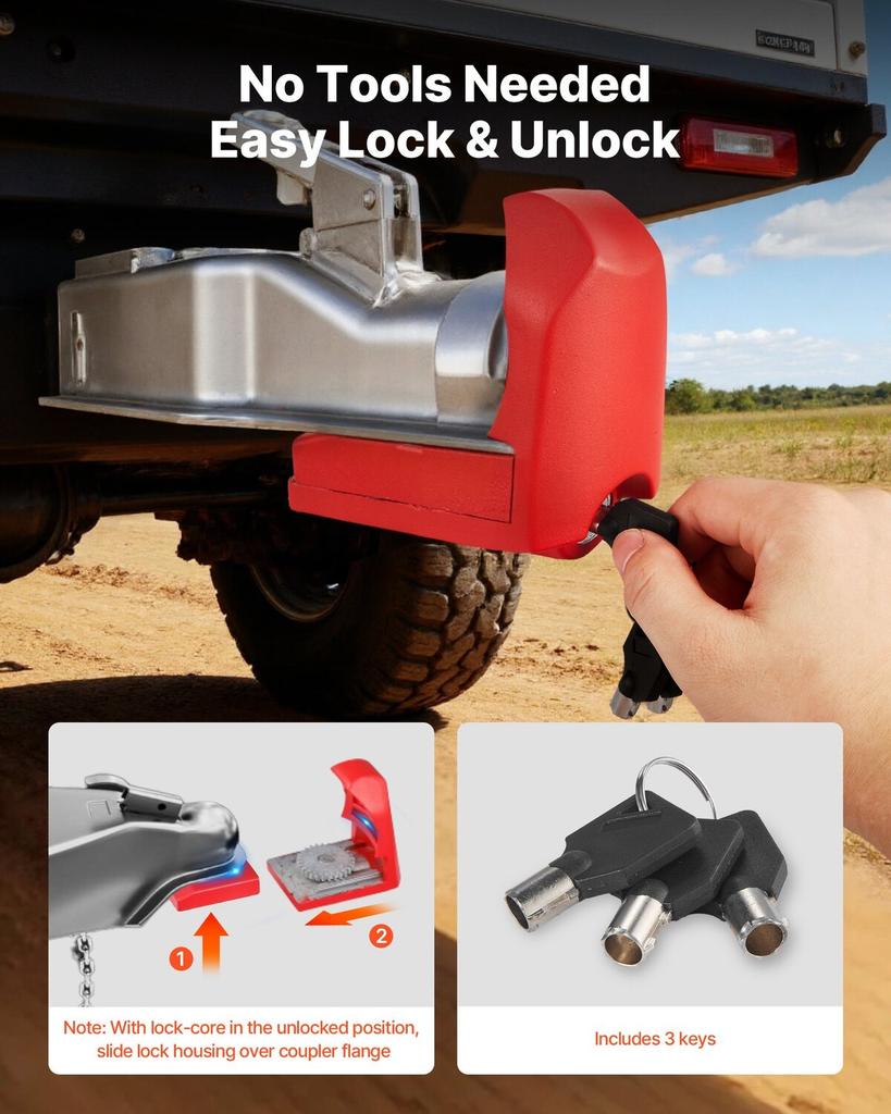 Trailer Hitch Lock, Fits for 46 Mm, 50.8 Mm, 58.7 Mm Couplers, Heavy-Duty Anti-Theft Trailer Ball Lock with 3 Keys, Prying-Resistant &