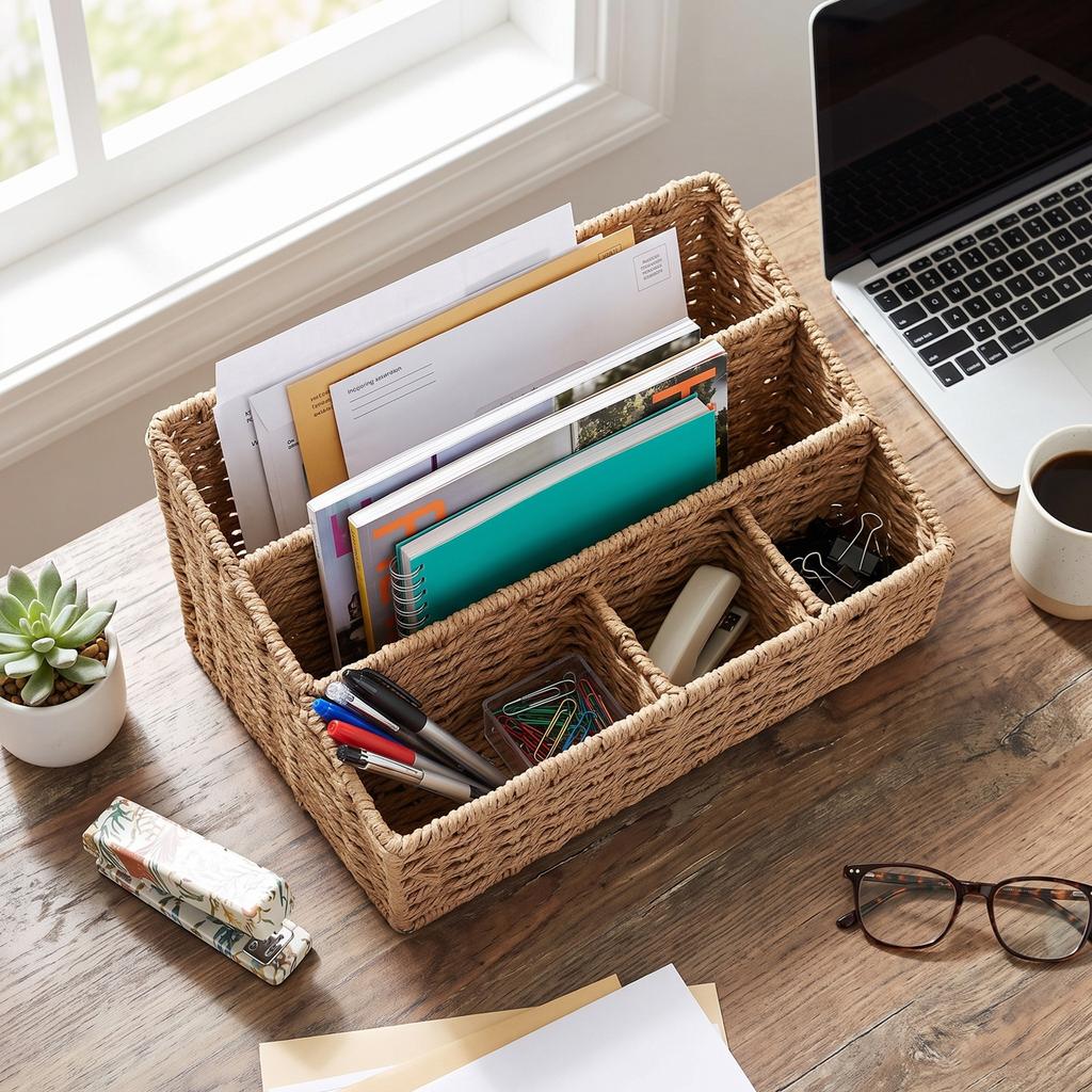 2pcs Woven Mail Desk File Holder Paper Rope Iron Frame Natural Tabletop Modern Storage for Letters Magazine Stationery Small It