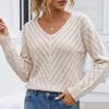 V Neck Hollow Out Knit Sweater Women Loose Fit Long Sleeve Pullover Autumn Winter Knitted T-shirt Solid Color Sweet Casual Simple Clothing