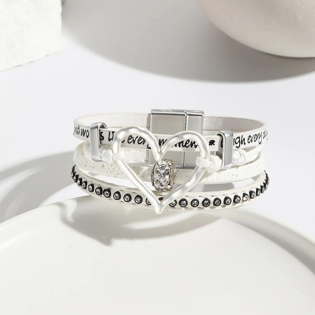 Vintage Multi-layer Leather Bracelet Womens Hollowed Out Heart-shaped Crystal Studded Magnetic Buckle Bangle Party Jewelry