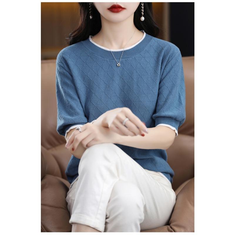 Cotton Thread Pullover Women Short Sleeved Round Neck T-shirt Color Blocked Diamond Shape Thin Knit Bottoming Shirt Simple Casual Commut Spring Autumn