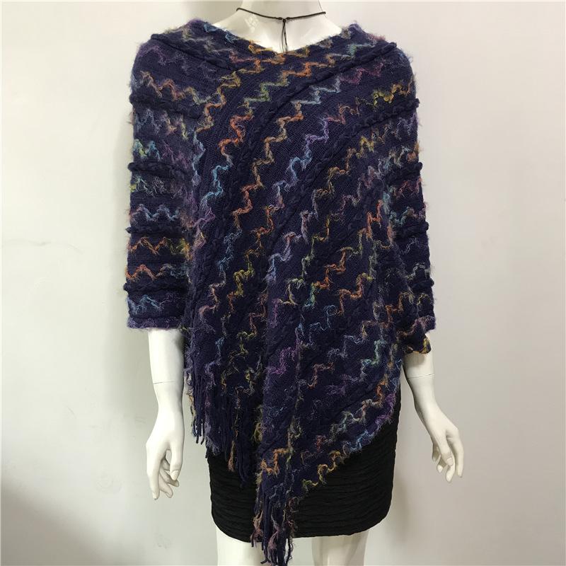2022 Autumn/Winter Women's V-Neck Rainbow Tassel Cape Sweater