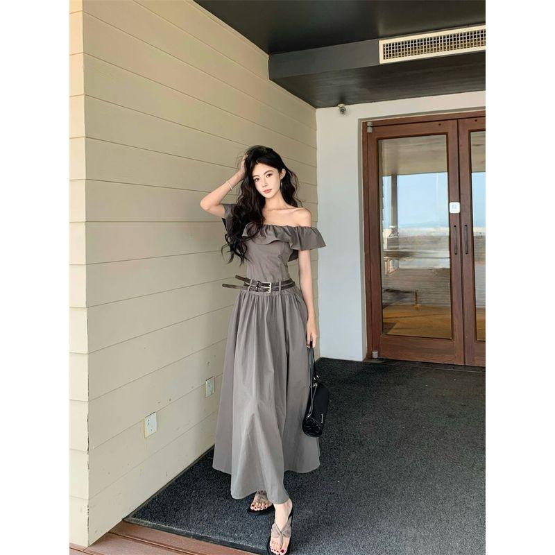 Kumikumi High Sense French Style Frill Off-Neck Dress Women Summer Slimming Temperament A- Line Skirt Long Dress