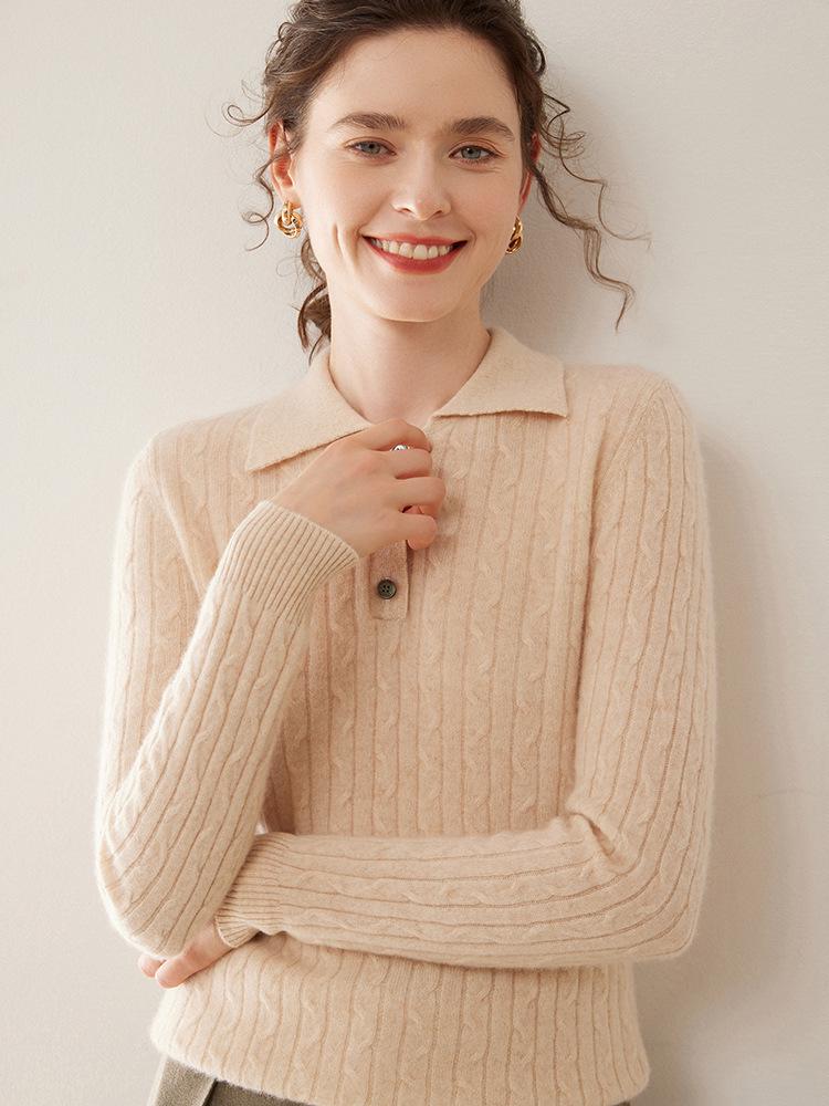 Women's Cashmere Cable Knit Polo Collar Pullover - Long Sleeve, Warm, Fashionable, Versatile Autumn/Winter Base Layer Top.