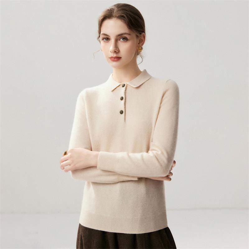 Lekasha Women's Cashmere Goat Wool Polo Collar Loose Knit Sweater - 12-Gauge Long Sleeve Base Layer for Autumn/Winter