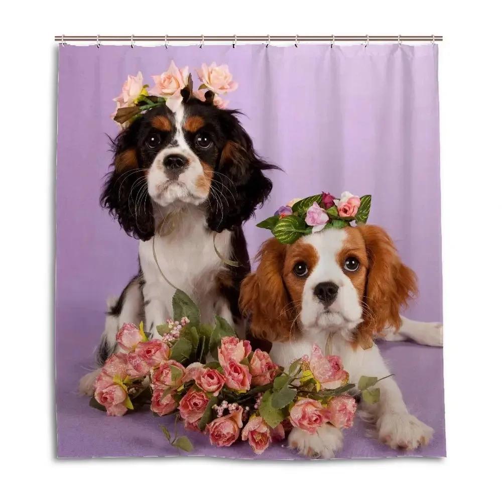 Spaniel Dogs Shower Curtain Waterproof Polyester Fabric Bathroom Shower Curtains Bathroom Decor with Hooks