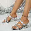 Women's Big Size Sandal Slippers Summer Round Head Rhinestone One Strap Chunky High Heel Fashion Sandal Slippers