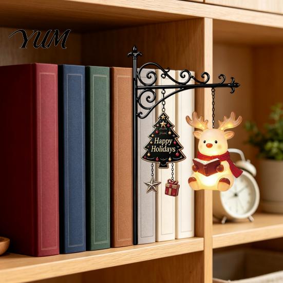 Santa Elk Snowman Ornament 2PCS Christmas Bookshelf Lamp, Resin Claus Hanging Room Accent Light, Multi-Color Lighting Wall Mounted for Holiday