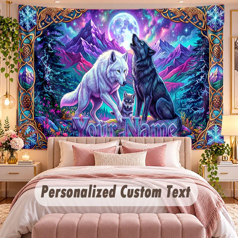 Wolf (126) Theme Wall Tapestry Customized With Name Text Personalized Hanging Tapestry For Bedroom Living Room Decor