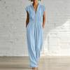 Women V Neck Short Sleeve Jumpsuit Casual Loose Fit Elastic Waist Full Length Romper with Pockets Zipper Front Design
