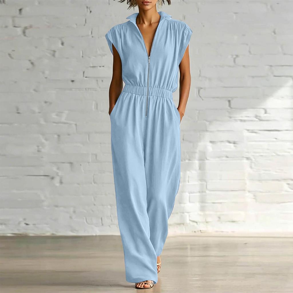 Women V Neck Short Sleeve Jumpsuit Casual Loose Fit Elastic Waist Full Length Romper with Pockets Zipper Front Design