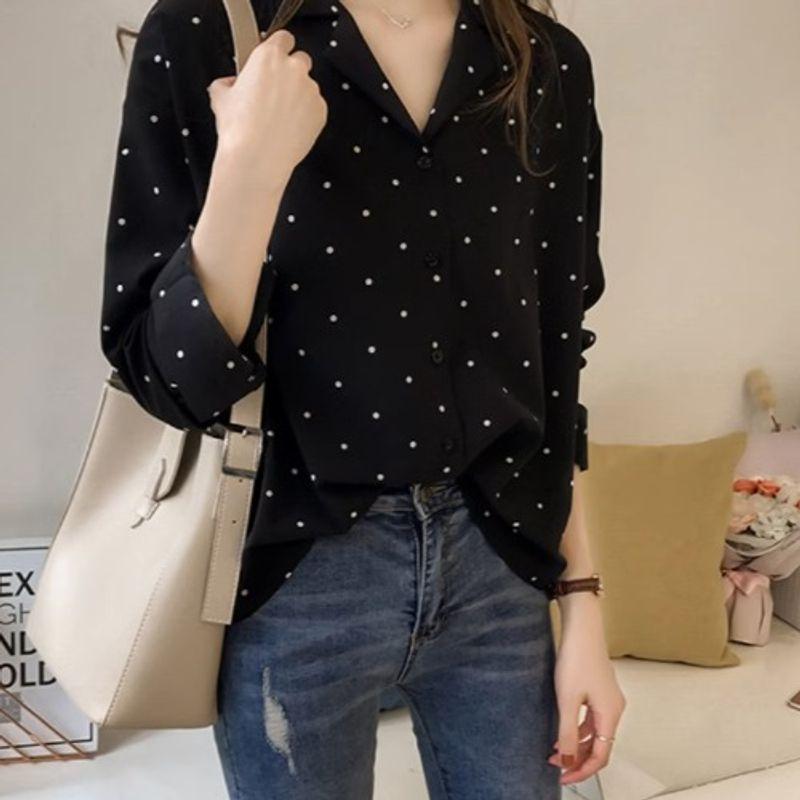 K-style Spring & Fall Hong Kong Fashion Suit Collar Polka Dot Dots Print Single Breasted Long Sleeve Shirt Top Solid Color Shirt