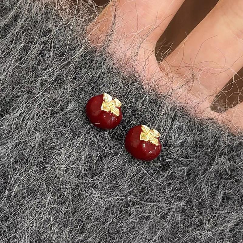 Retro Red Zirconia Pearl Flower Earrings - High-End Hong Kong Style Studs for Women