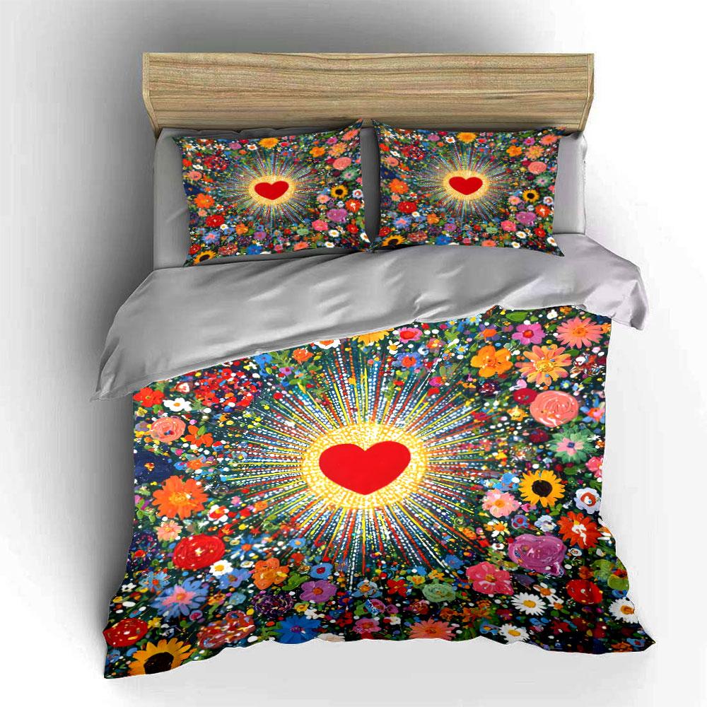 Heart and Floral Burst Design Bedding Duvet Cover Set Duvet Cover Pillowcases  (1*Duvet Cover 2*Pillowcases, Without Duvet Insert)