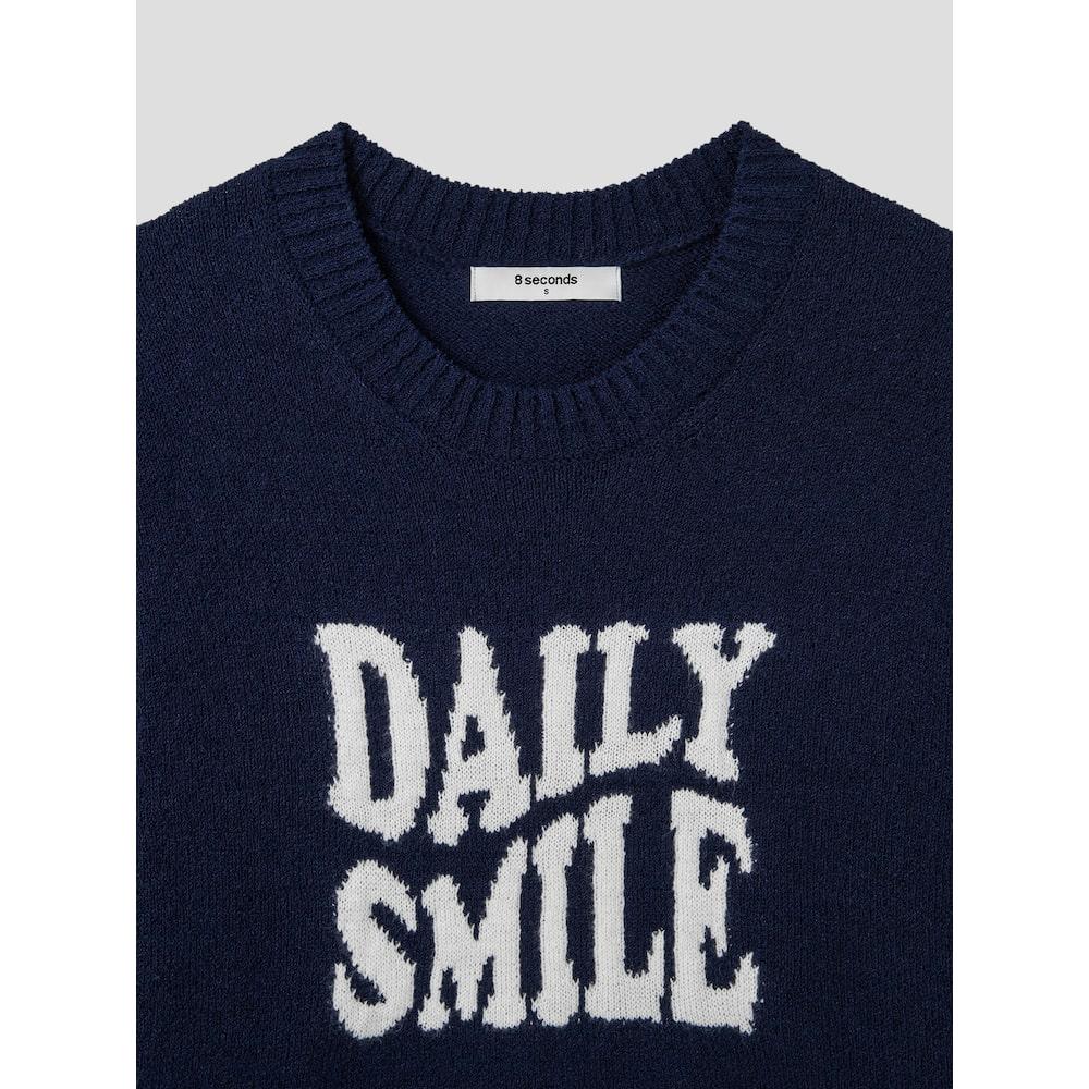 8SECONDS Wave Letter Jacquard Round Neck Short Sleeve Pullover Navy
