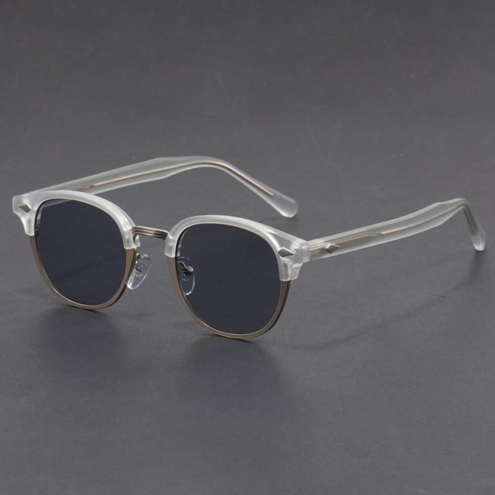 Lunettes de soleil classiques à monture demi-cerclée pour hommes femmes Rétro Rivet Petites lunettes Noir Anti-reflets Lunettes de voyage