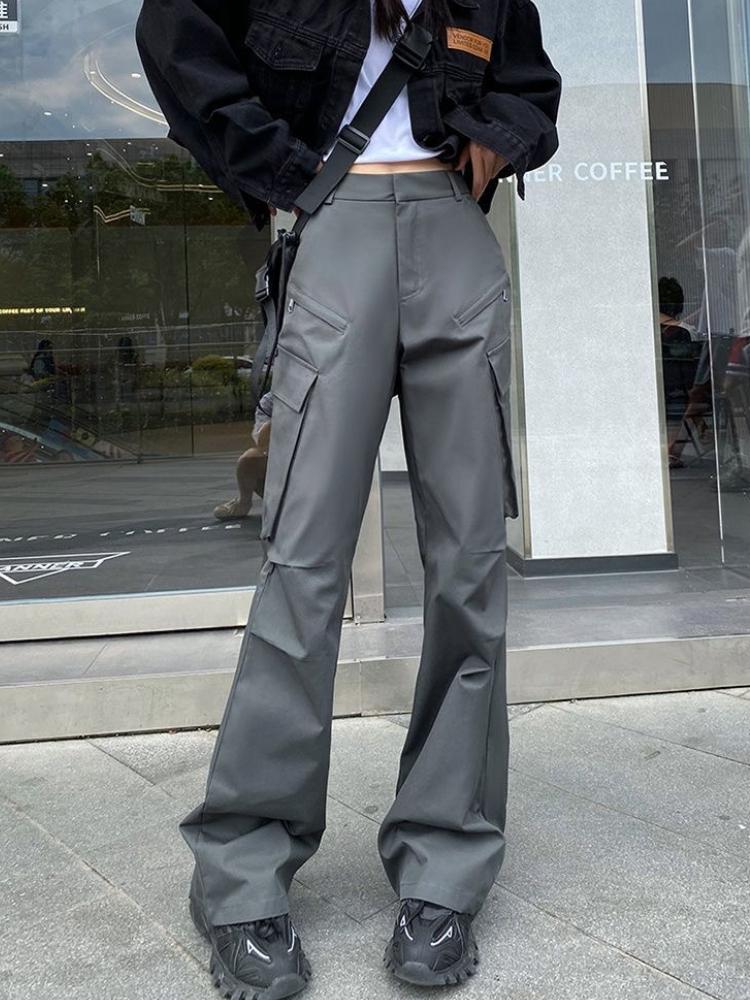 2025 Spring Summer New Gray Cargo Pants Women's High Waisted Thin American Retro Straight Wide-leg Pants Y2k Casual Flared Pants