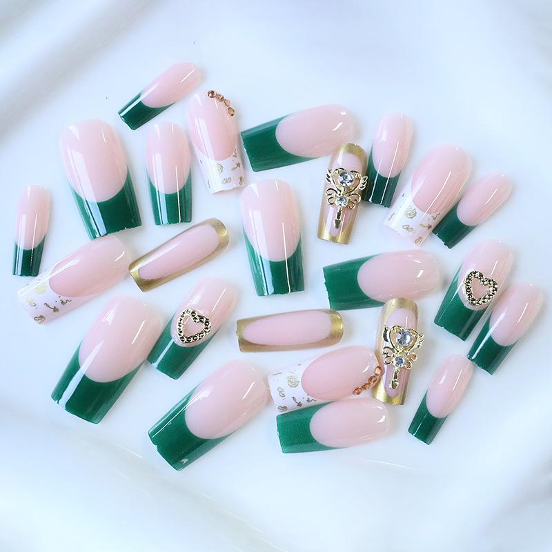 Nail Art Avanzato Moda Semplice Verde Classico Francese Flash Diamante Amore Unghia Media e Lunga da Indossare