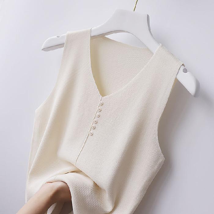 Spring and summer V-neck ice silk suspender vest women's outer wear knitted vest women's summer thin bottom sleeveless vest