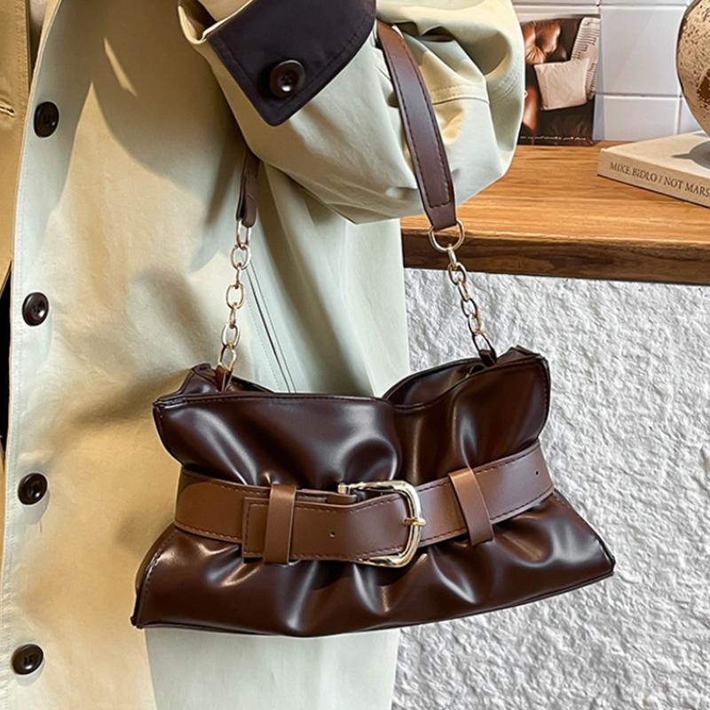 Luxury Retro Belt Buckle Shoulder Bag Soft Pleated Handbag Solid Color Elegant Women's Underarm Bag Fashion Versatile Clutch Bag