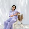Two-Piece Set Solid Color Notched Neck Casual Home Wear Linen Co-ord