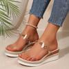 Large size hemp rope woven slope heel thick sole transparent belt pearl slippers new heightening one-word belt women's shoes