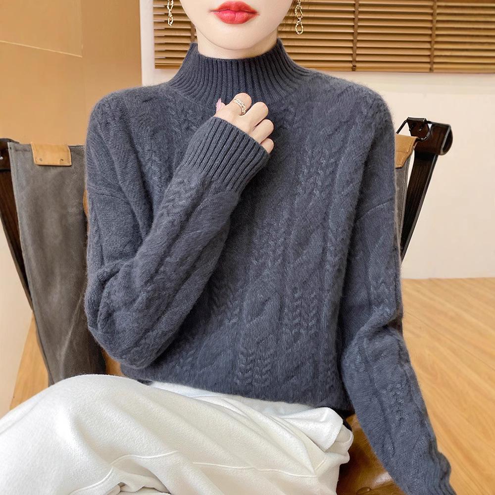2024 Autumn/Winter Women's Wool Sweater: Thick Cable Knit, Half-High Neck, Versatile Base Layer